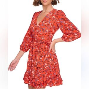 Eliza J Orange Midi Flower Long Sleeve Faux Wrap Around Ruffle Dress Size 4